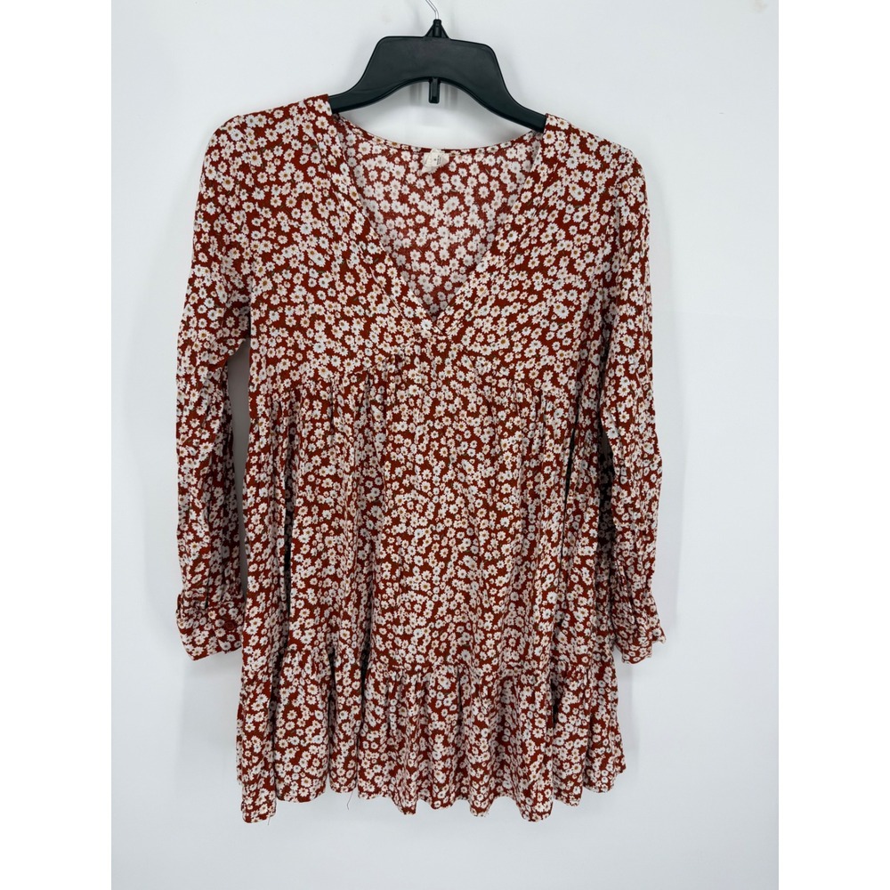 Flawless Floral Mini Dress Womens Small Rust Red Daisy V-Neck Long Sleeve Tiered